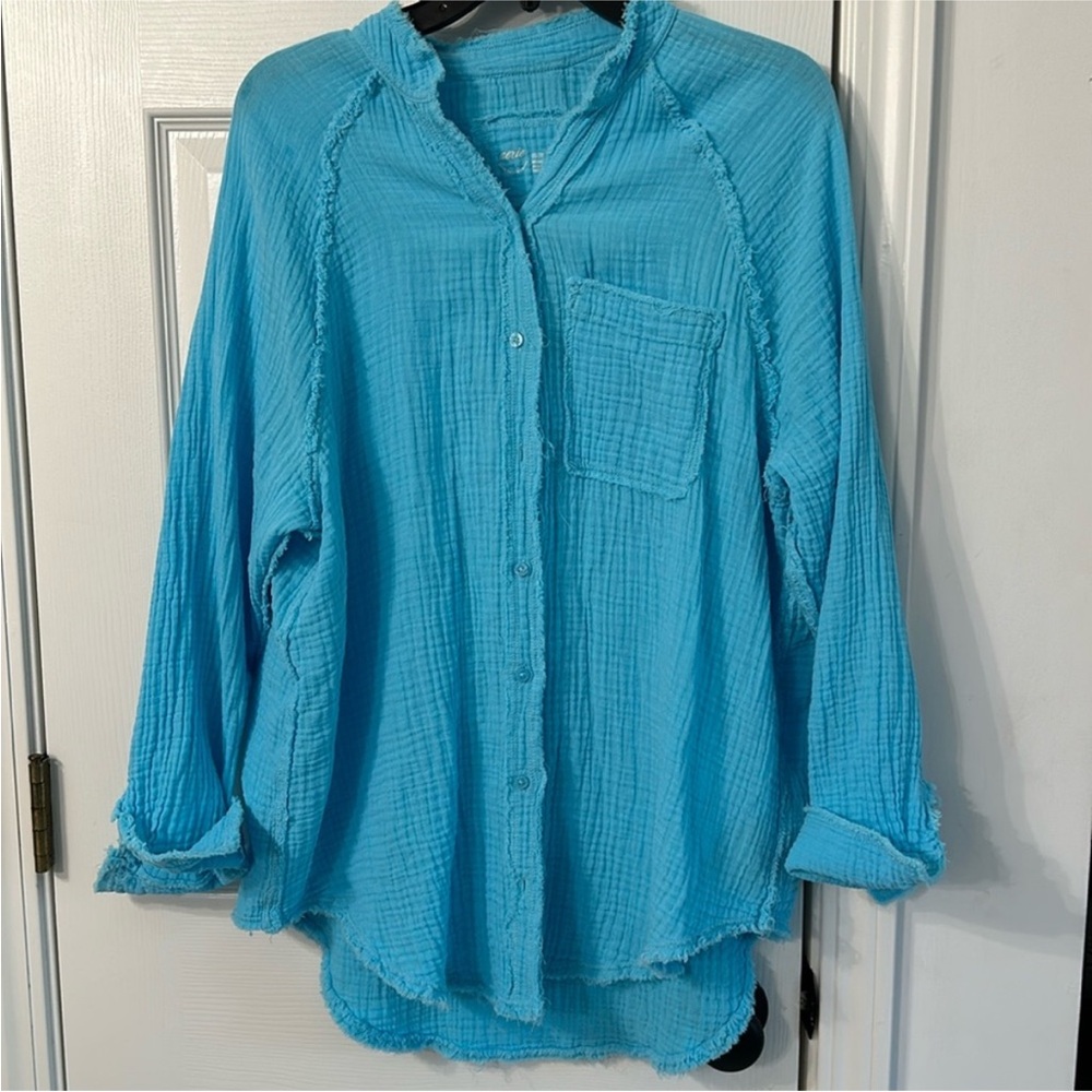 Aerie Blue Cuffed Sleeve Button Down Coverup